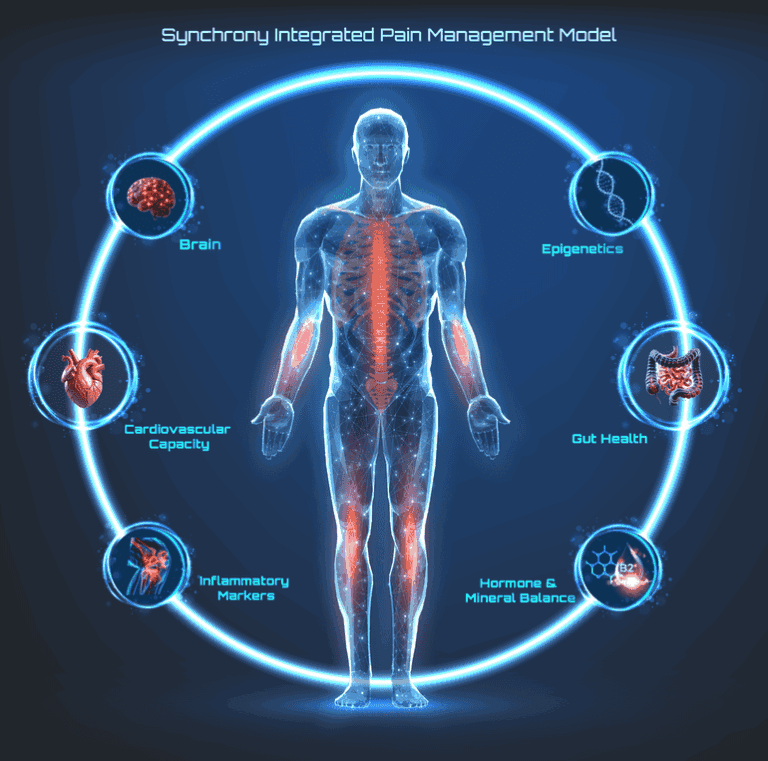Synchrony Integrated Pain Management Model – Whole Body Approach to Chronic Pain - Synchrony Chiropractic & Sports Physiotherapy - Chiropractor Near Me | Delhi | Noida | Chandigarh Human anatomy surrounded by icons showing Synchrony Health’s integrated pain management pillars including brain function, cardiovascular capacity, gut health, epigenetics, inflammatory markers, and hormone balance.