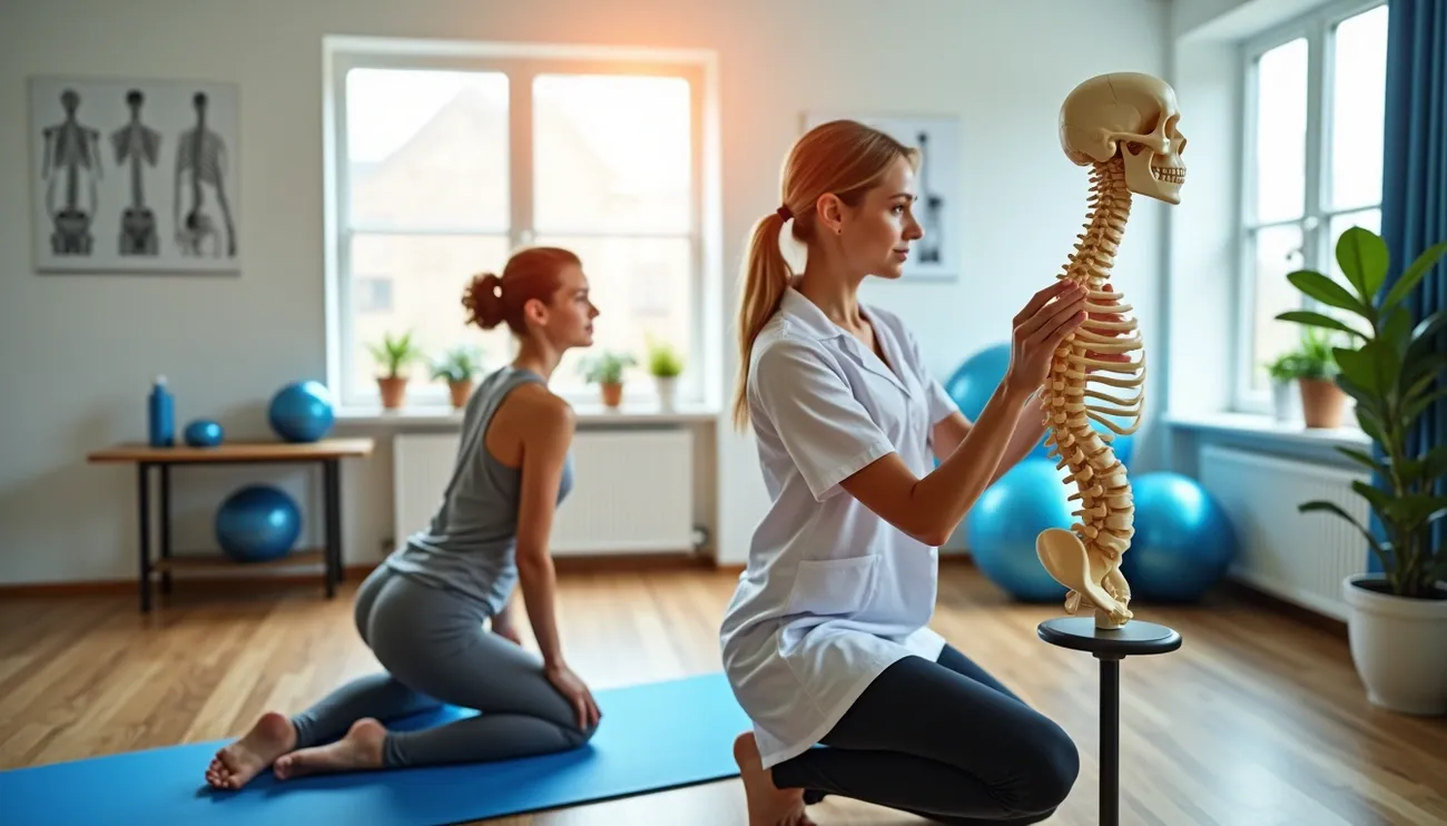 Physical therapist explains scoliosis exercises using a spine model while a woman practices yoga poses on a mat.