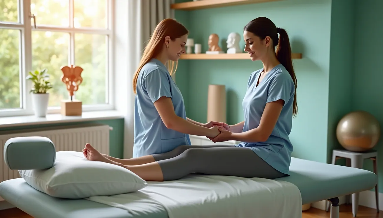 Two women in medical scrubs holding hands during a pelvic floor physiotherapy session in a bright clinic room.