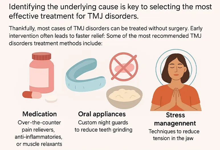 Illustration showing TMJ disorder treatments: medication, oral appliances, and stress management techniques to ease jaw tension.