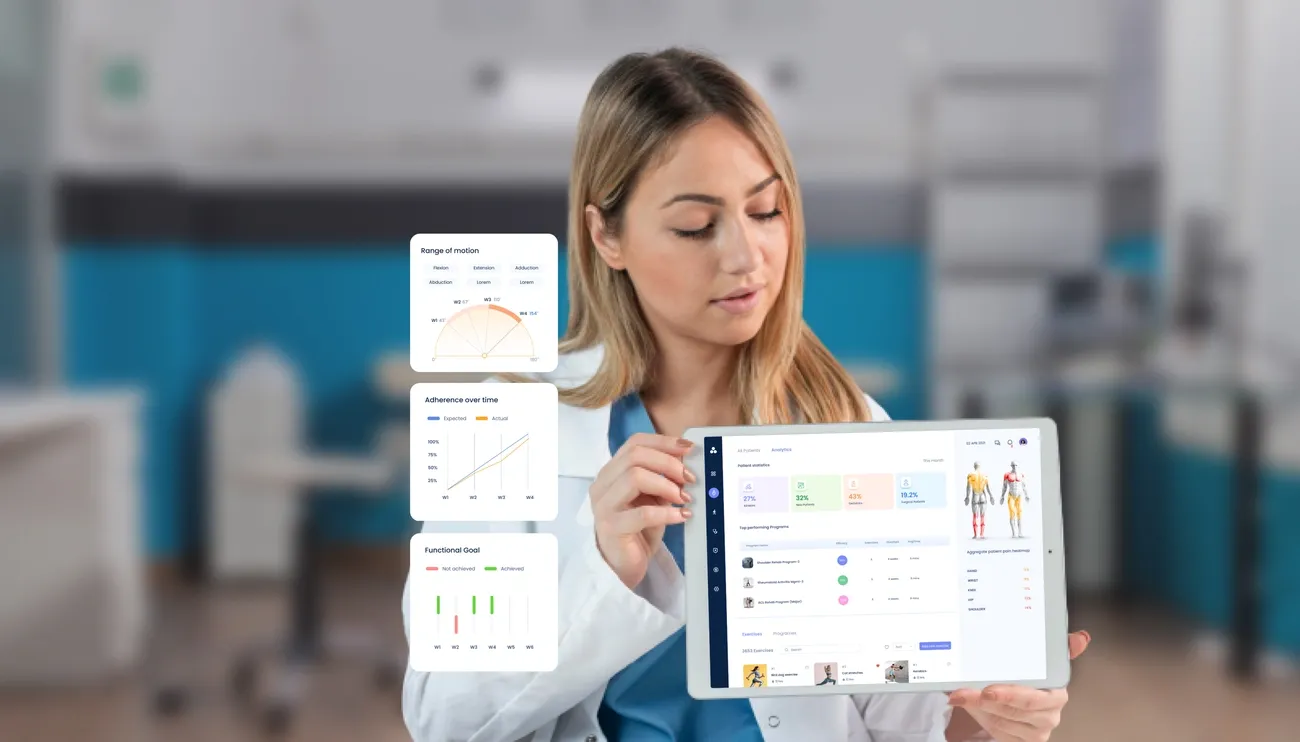 Physical therapist in clinic holding tablet displaying assessment tools and functional outcome measures for patient progress.