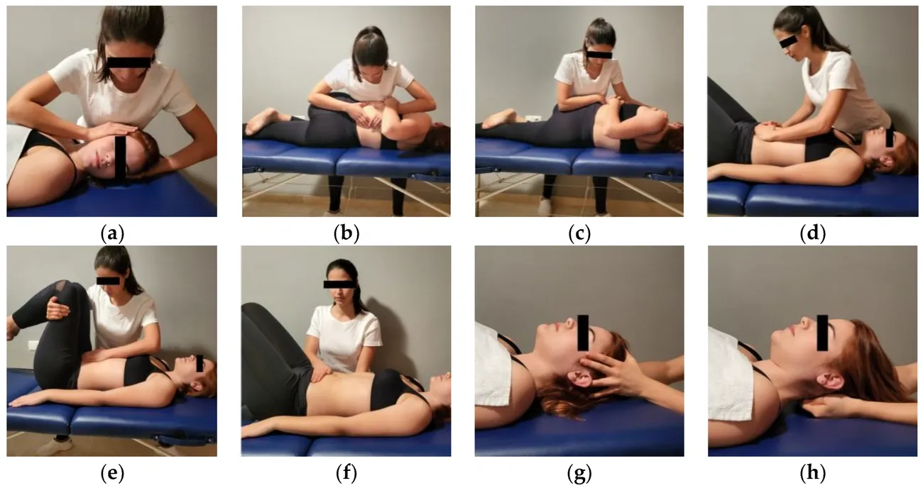 Therapist performing various manual therapy techniques on a woman lying on a treatment table for pelvic pain.